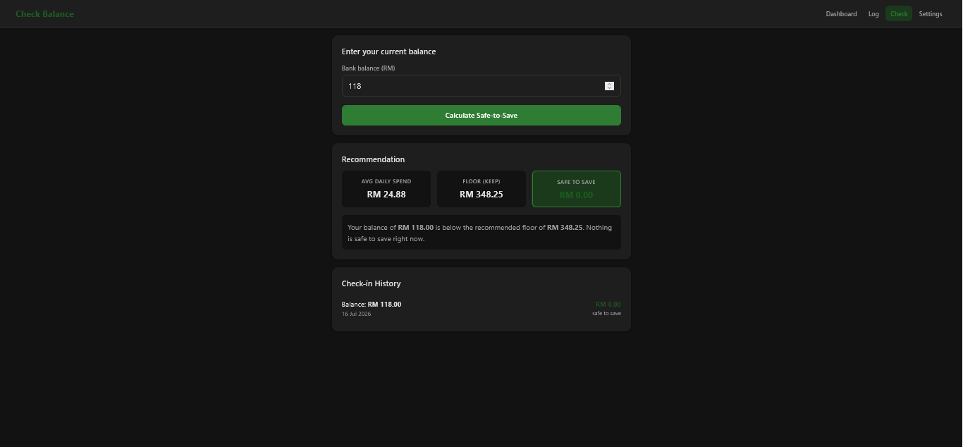 Safe2Save savings view with projected month-end balance